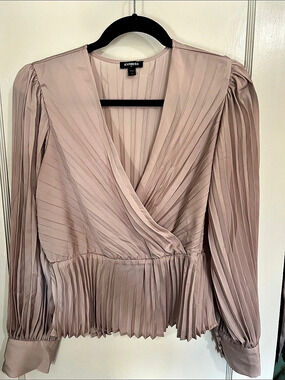 Express V-Neck Wrap Long Balloon Sleeve Pleated Top Pink Medium